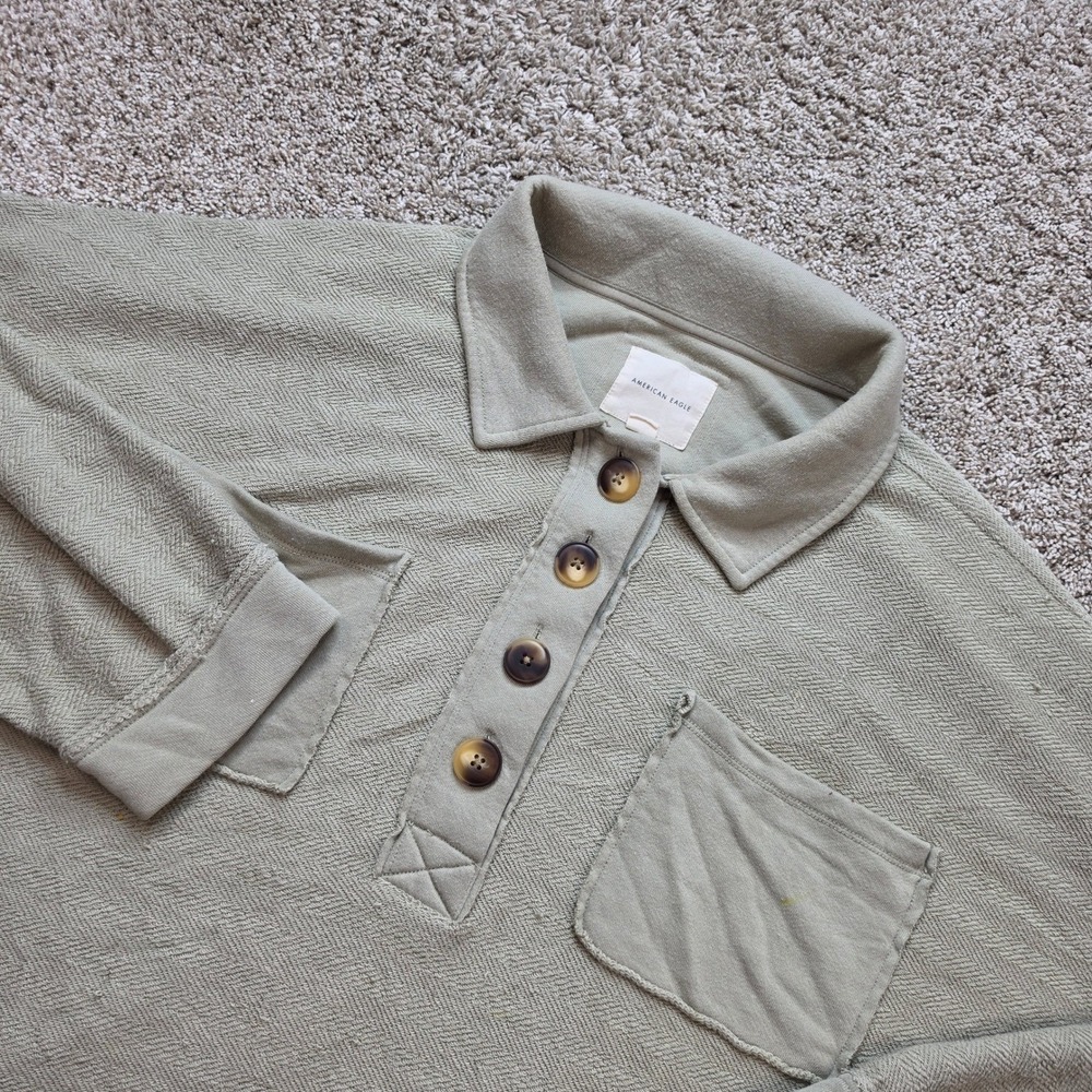 American Eagle Oversized Polo Sweatshirt Womens XL Sage Green Herringbone Boho